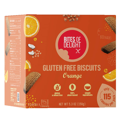 Box of gluten-free orange biscuits with 'Bites of Delight' branding on an orange background.