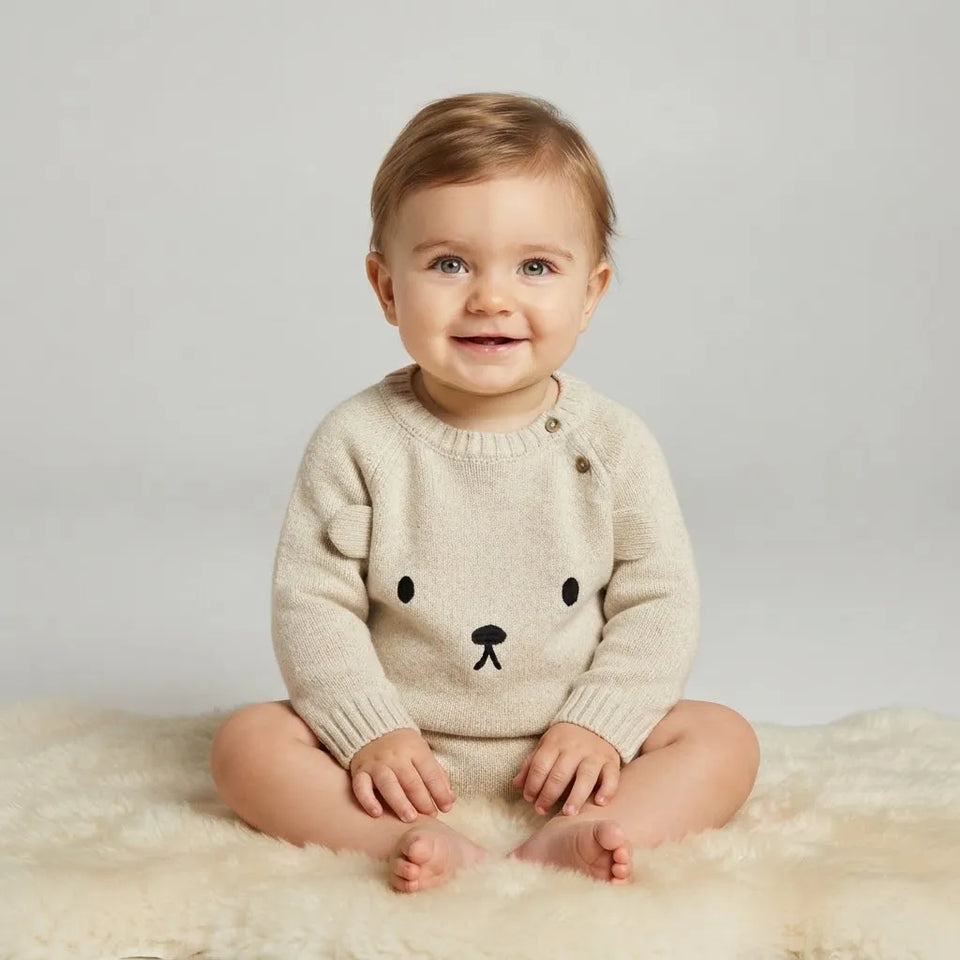 Sinsay Baby Boy's Cream Color with Embroidered Bear Face Knitted Sweater
