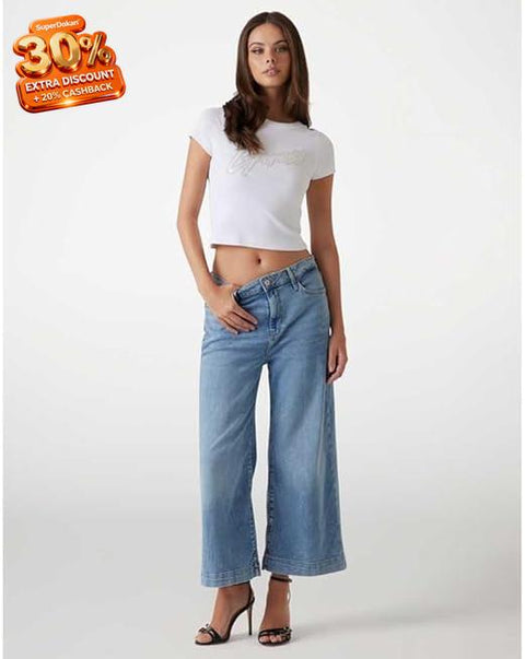 Guess Women's Blue Eco Bellflower Crop Wide Leg Jeans | Guess In Lebanon