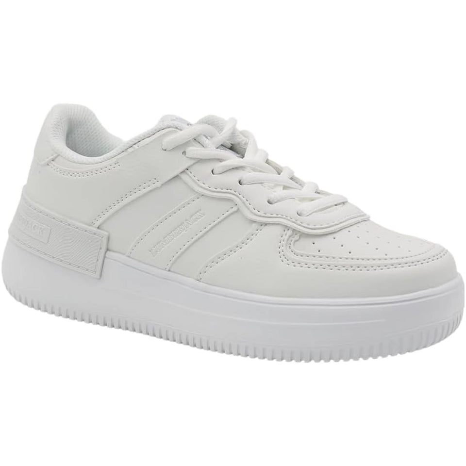 A white low-top platform sneaker with matching white laces and a thick white sole, shown from a side profile view against a plain white background.