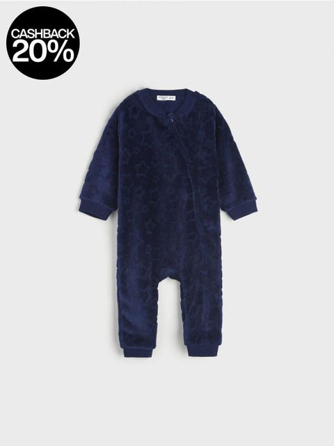 Navy blue baby onesie on a light gray background