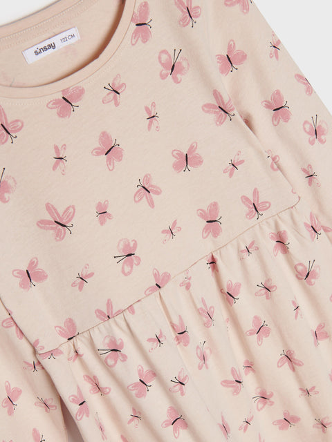Sinsay Girl's Beige Gathered Dress With A Print | Sinsay In Lebanon