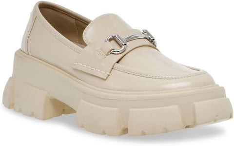 Beige loafer with a chunky platform sole on a white background
