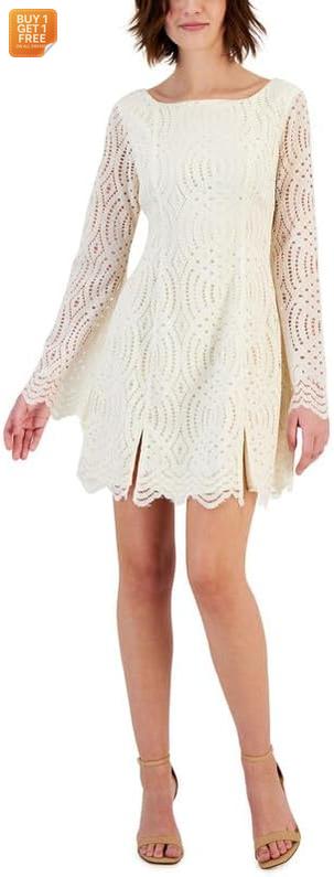 Kit Sky Women's Off White Scalloped Lace Bell Long Sleeve Dress |Kit Sky In Lebanon