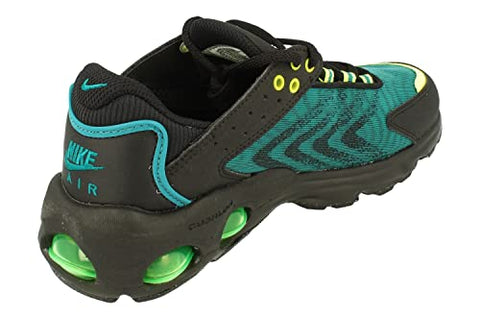 Black and teal sneaker with green accents on a white background