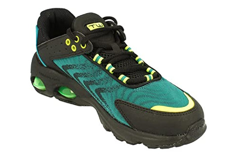 Teal and black athletic shoe with yellow accents on a white background