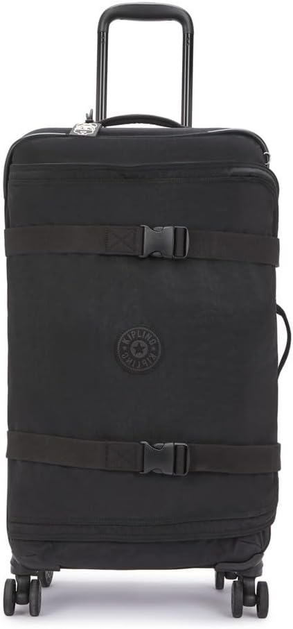 Black suitcase with a visible brand logo on a white background