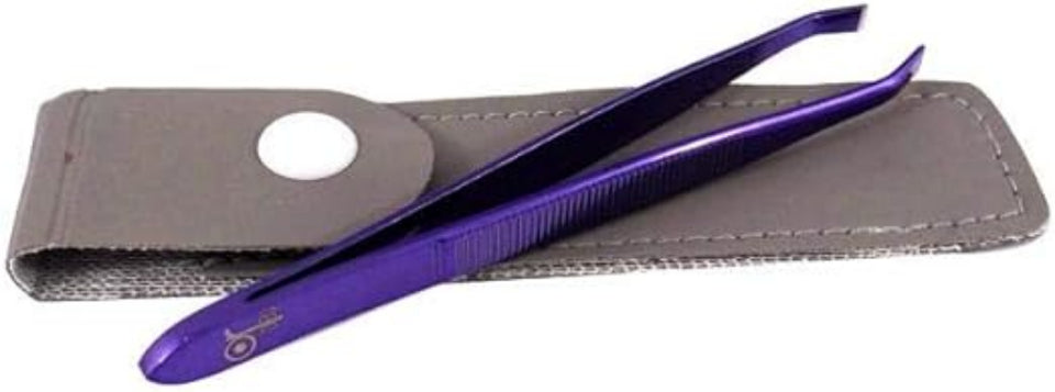 A pair of purple OR Bleu electroplated square tip tweezers with a non-slip grip, displayed alongside a brown case.