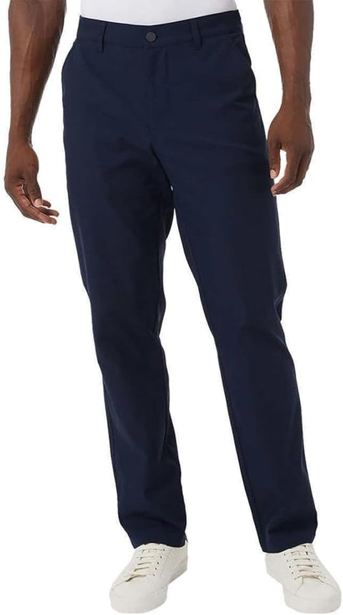 Navy blue pants worn by a person on a white background