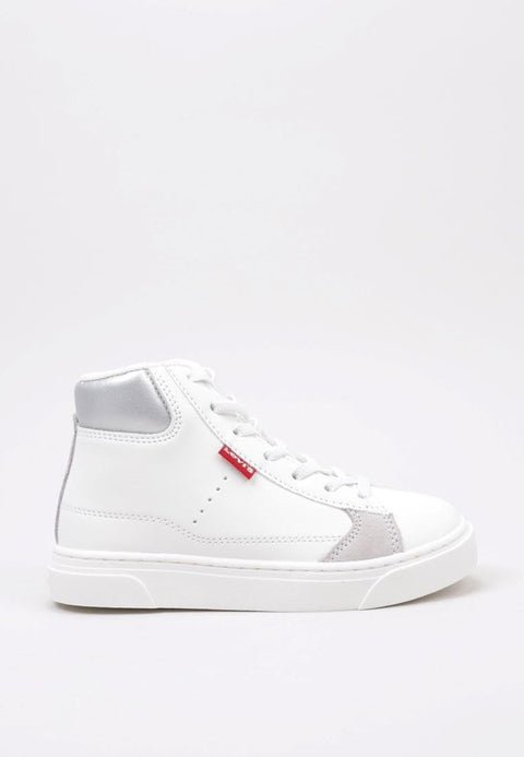 White high-top sneaker with gray accents on a white background