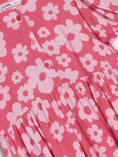 Sinsay Girl's Pink Floral Dress With Puff Sleeves | Sinsay In Lebanon