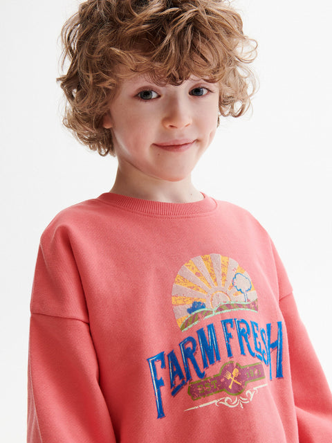 Child wearing a pink sweatshirt with 'Farm Fresh' text and graphics on a white background