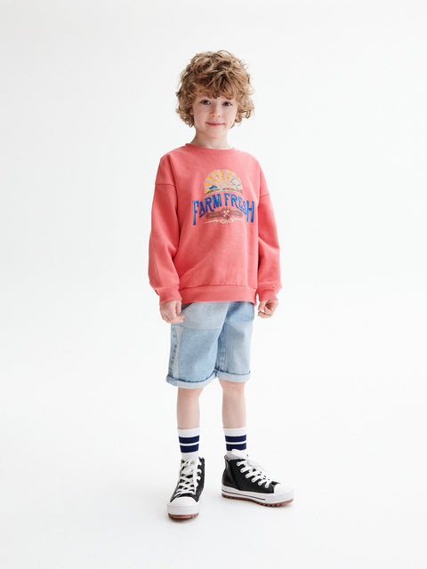 Child wearing a pink sweatshirt with a graphic design on a white background