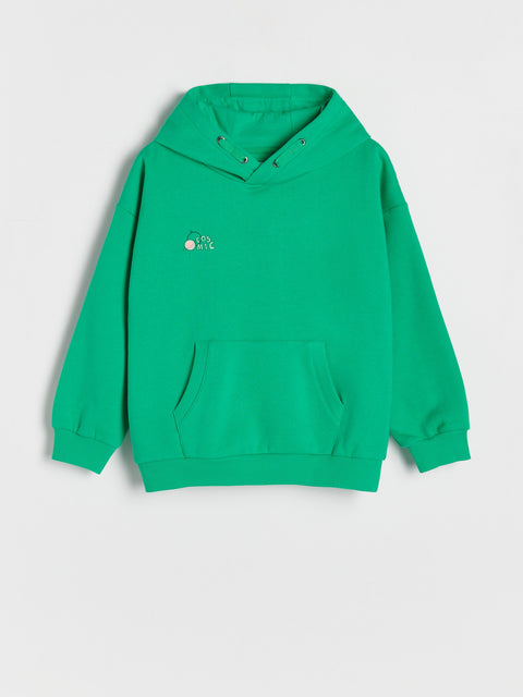 Green hoodie with a small logo on a light gray background