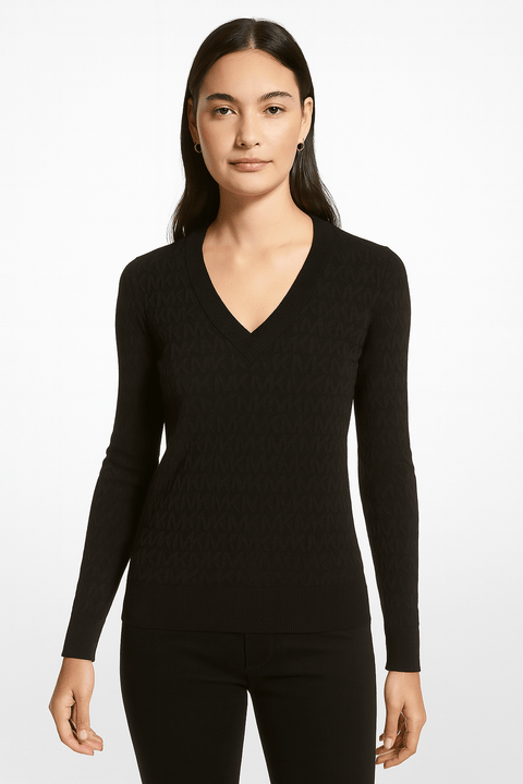 Michael Kors Women's Black V-Neck Metallic Logo Sweater |Michael Kors In Lebanon