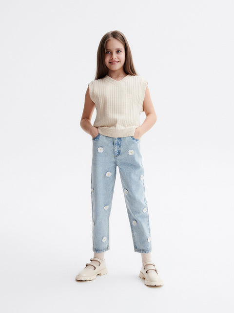 Reserved Girl's Light Blue Embroidered Floral Appliques Baggy Jeans | Reserved In Lebanon