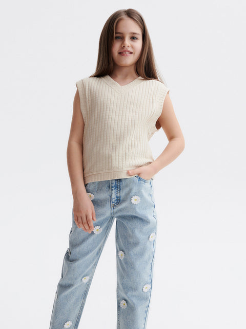 Reserved Girl's Light Blue Embroidered Floral Appliques Baggy Jeans | Reserved In Lebanon