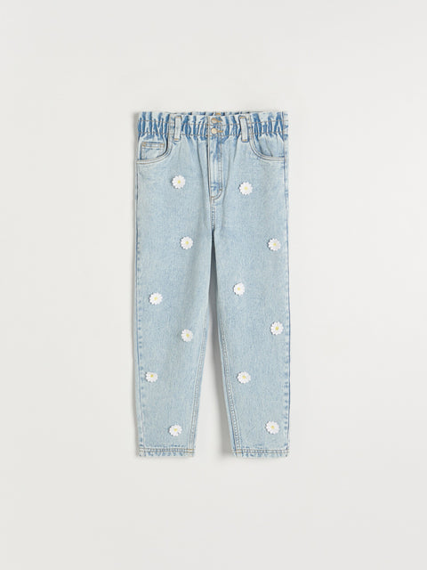 Reserved Girl's Light Blue Embroidered Floral Appliques Baggy Jeans | Reserved In Lebanon