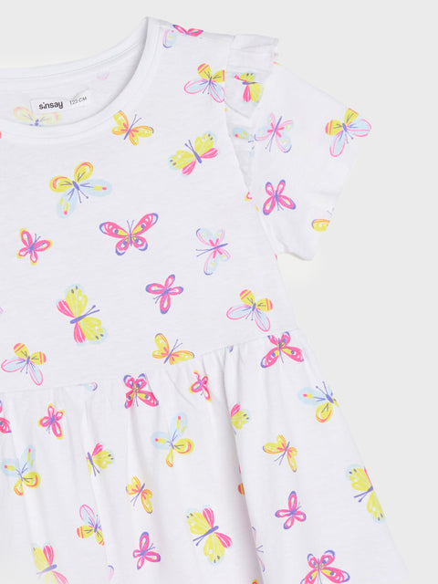 Sinsay Girl's White Printed Butterfly Gathered Dress | Sinsay In Lebanon