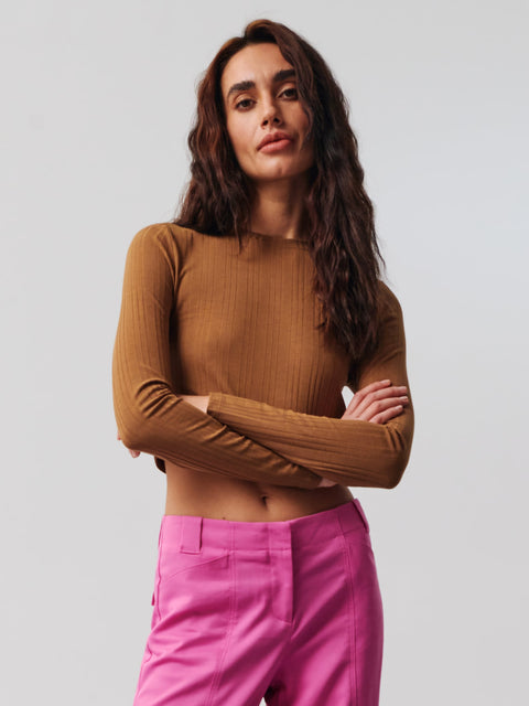 Sinsay Women's Brown Rib Knit Crop Top | Sinsay In Lebanon