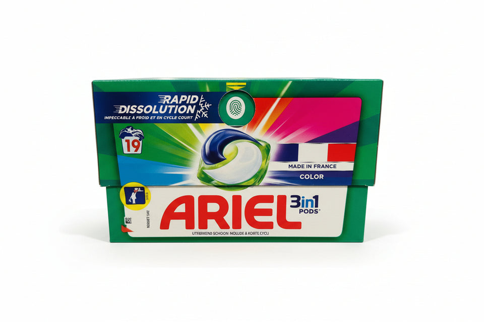 Ariel laundry detergent packaging on a white background
