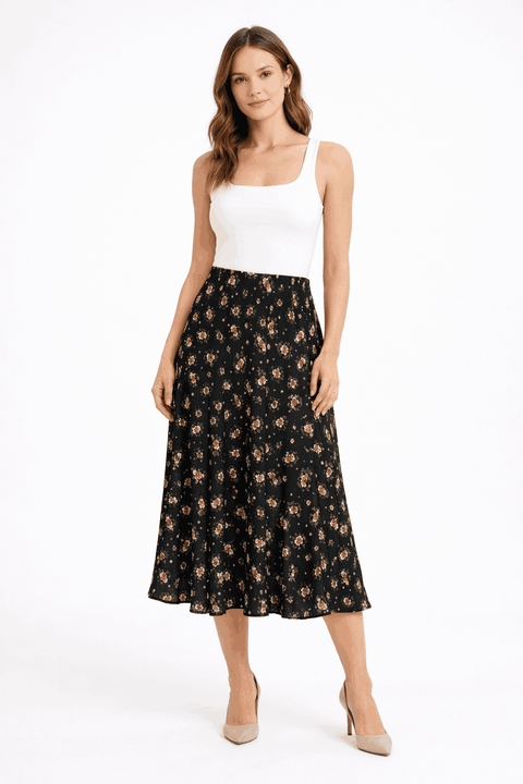 Love Fire Women's Black Multi Floral Pleated Elasticized-Waist Midi Skirt | Love Fire In Lebanon