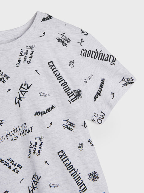 Gray t-shirt with black text and graphics on a white background