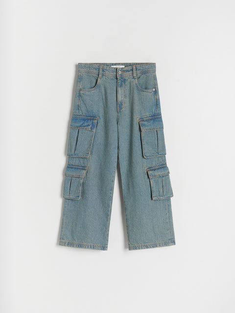 Light blue denim cargo pants on a white background