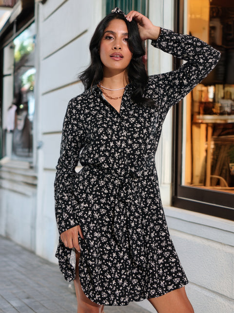 Sinsay Women's Black Floral Long Sleeve Shirt Dress | Sinsay In Lebanon
