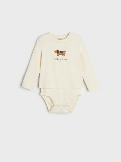 Baby long-sleeve shirt and bodysuit set with a dog illustration on a white background