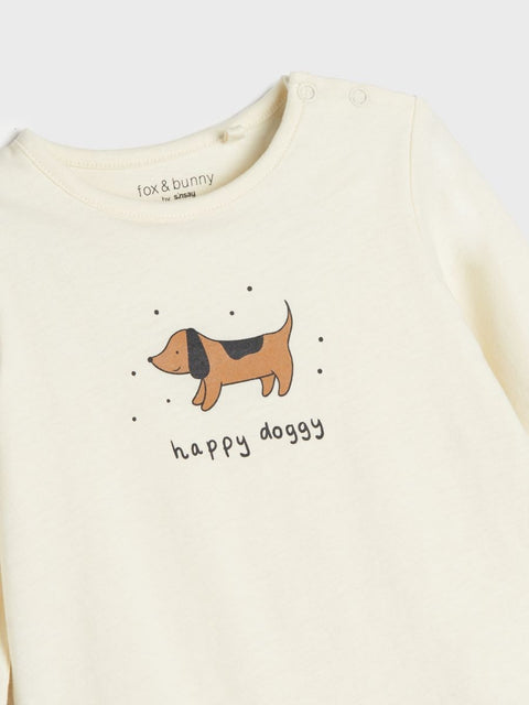 Baby onesie with a dog illustration and 'happy doggy' text on a plain background