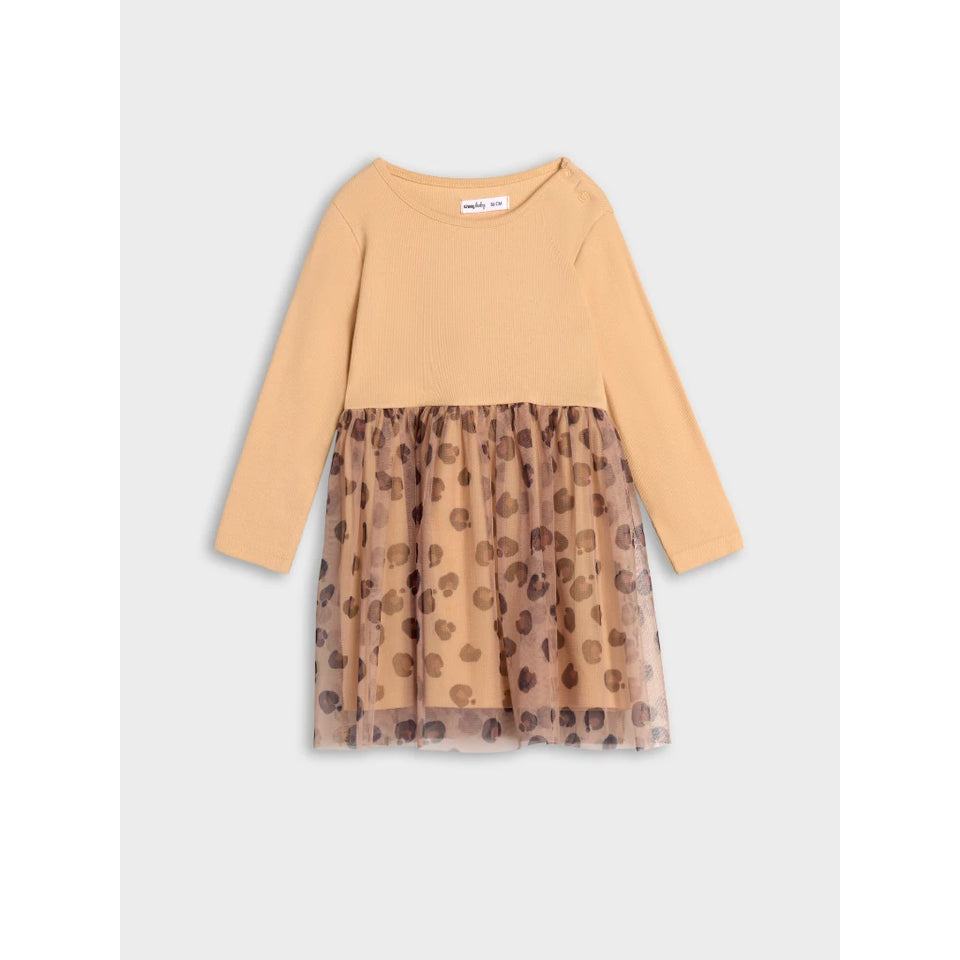 Sinsay Girl's Beige Beige Leopard Print Tulle Long-Sleeve Dress