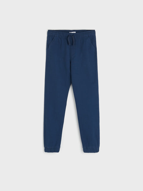 Navy blue jogger pants on a white background