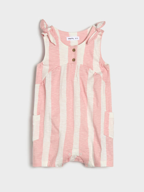 Pink and white striped romper on a light gray background