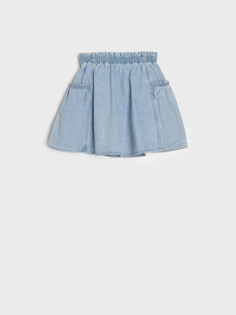 Light blue denim skirt on a white background