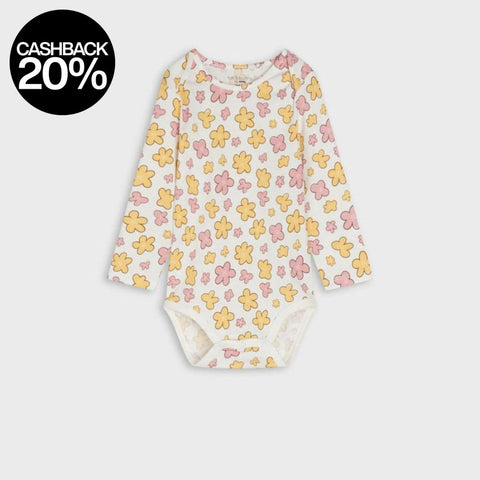 Baby onesie with floral pattern on a light gray background