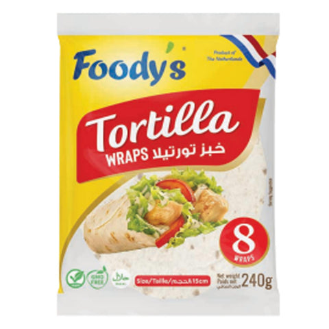 Foody's Tortilla wraps packaging with a visual of wraps and ingredients on a white background