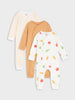 Three baby onesies in different colors and patterns on a light gray background