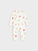 Baby onesie with fruit pattern on a light gray background
