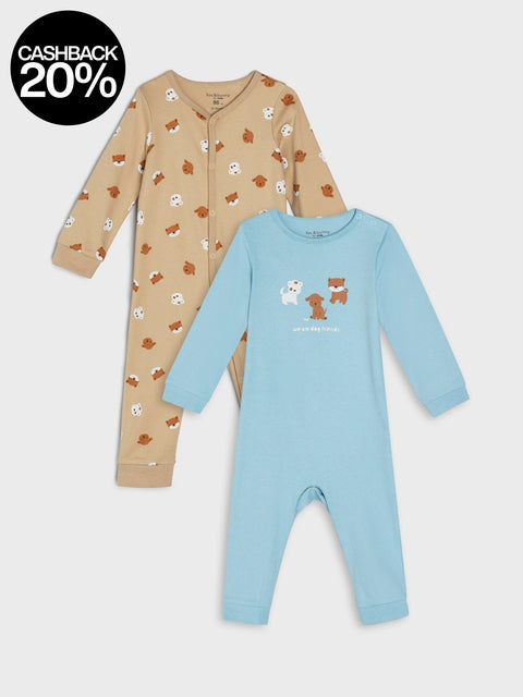 Two baby onesies, one beige with fox pattern and one blue with bear pattern, on a white background.