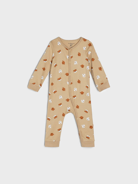 Beige baby onesie with animal print on a light gray background