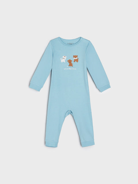 Light blue baby onesie with animal illustrations on a white background