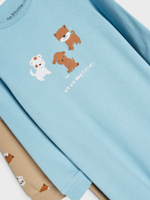 Light blue fabric with embroidered dog designs and text 'We are dog friends'.