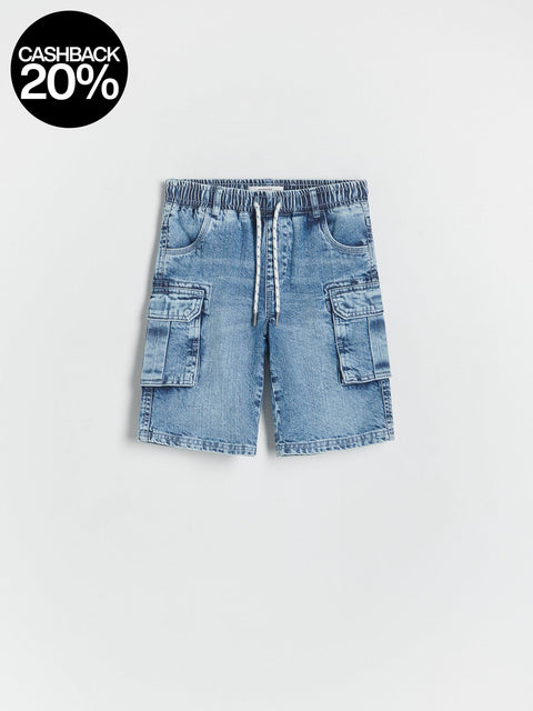 Denim shorts with multiple pockets on a white background