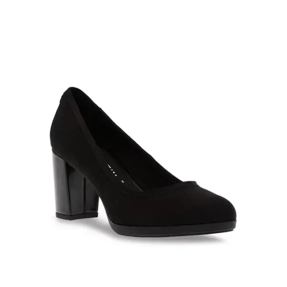 A single black pump shoe with a block heel and rounded toe, shown from a side profile on a white background.