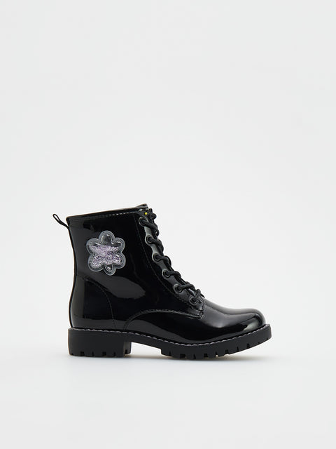 Reserved Girl's Black Patent Leather Ankle Boots With Appliqué | Reserved In Lebanon