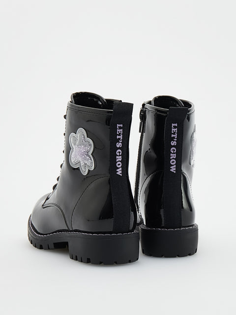 Reserved Girl's Black Patent Leather Ankle Boots With Appliqué | Reserved In Lebanon