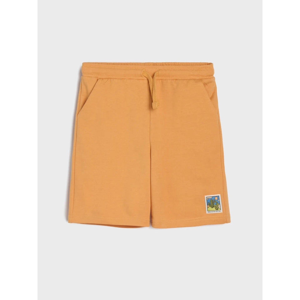 A pair of kids' shorts in a warm mustard yellow color, featuring an elastic waistband with a drawstring and a small square graphic patch on the lower left leg, shown against a light gray background.