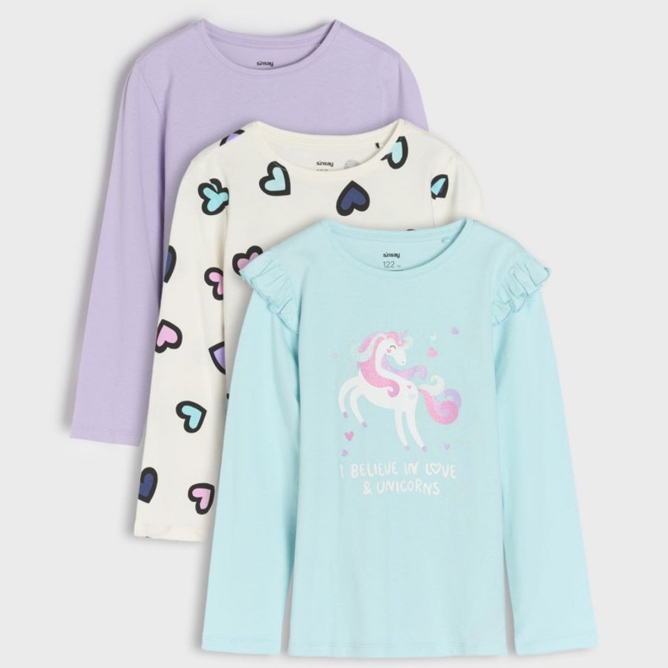 Three children's long-sleeve shirts in different colors with various designs on a light gray background.