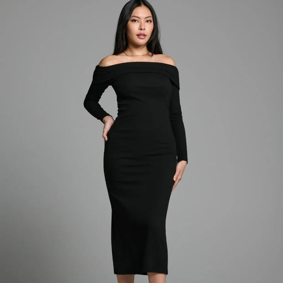 Sinsay Women's Black Off Shoulder Ribbed Dress